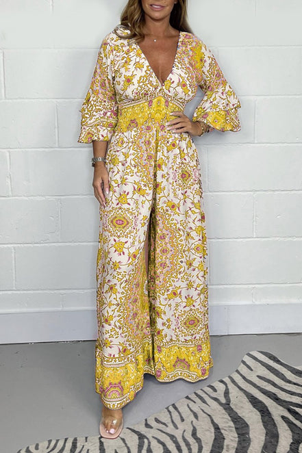 Elvéra jumpsuit – langærmet med V-udskæring og vide ben