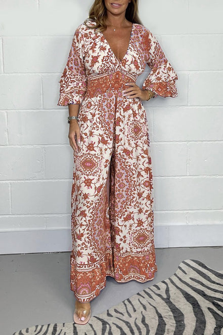 Elvéra jumpsuit – langærmet med V-udskæring og vide ben
