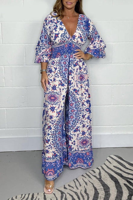 Elvéra jumpsuit – langærmet med V-udskæring og vide ben