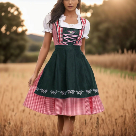 Dirndlové šaty s károvaným vzorom a zásterou na Oktoberfest – Liselora