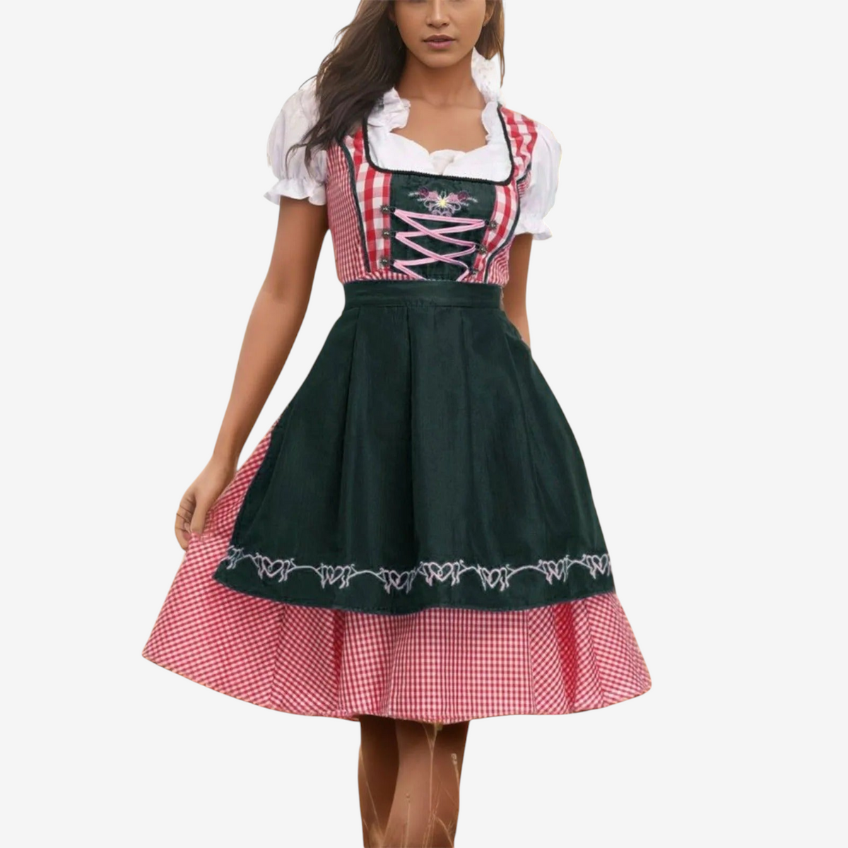 Dirndlové šaty s károvaným vzorom a zásterou na Oktoberfest – Liselora