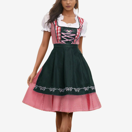 Dirndlové šaty s károvaným vzorom a zásterou na Oktoberfest – Liselora