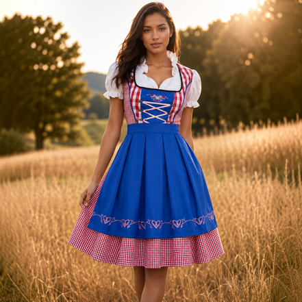 Dirndlové šaty s károvaným vzorom a zásterou na Oktoberfest – Liselora