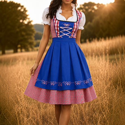 Dirndlové šaty s károvaným vzorom a zásterou na Oktoberfest – Liselora