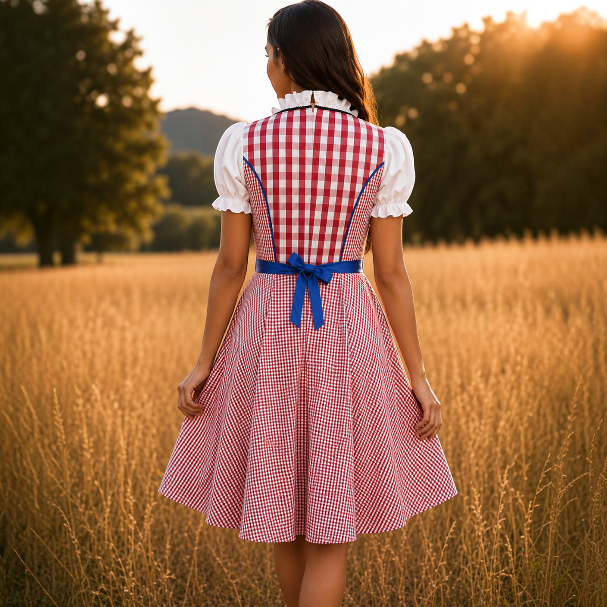 Dirndlové šaty s károvaným vzorom a zásterou na Oktoberfest – Liselora