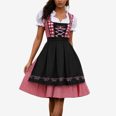 Dirndlové šaty s károvaným vzorom a zásterou na Oktoberfest – Liselora