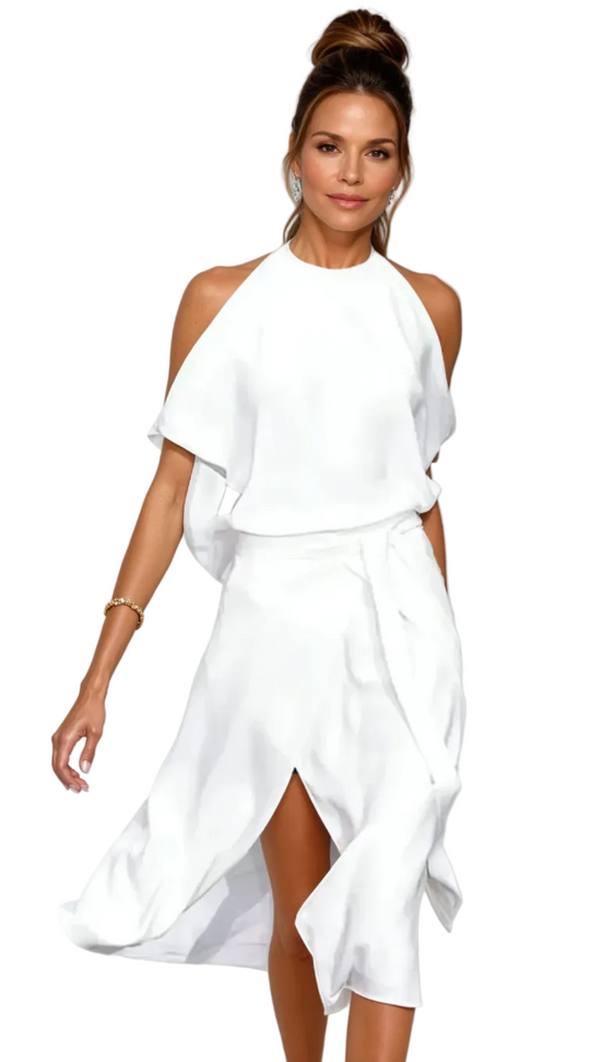 Asymmetrisk kjole med skulderudskæringer og let materiale – kjole til fest og aftenbrug – Velmira