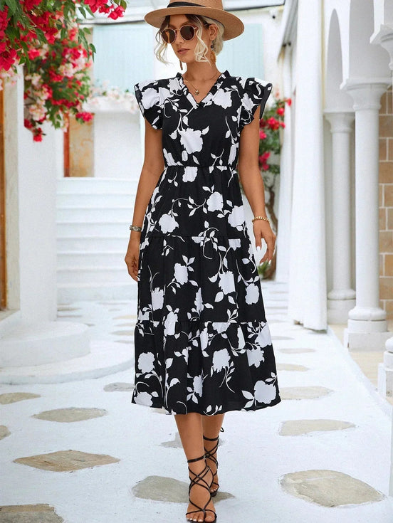 Renavia dame maxikjole – A-formet kjole med blomsterprint og V-hals
