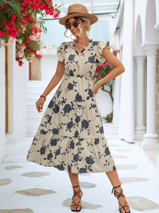 Renavia dame maxikjole – A-formet kjole med blomsterprint og V-hals