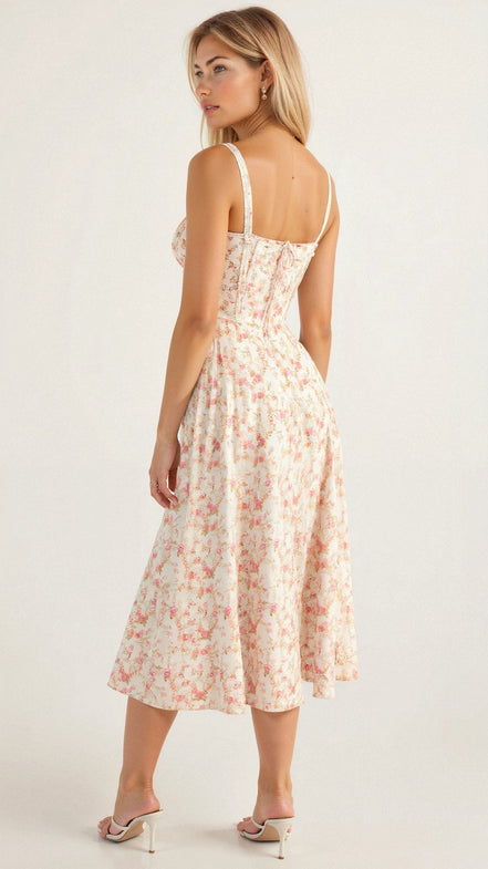 Midi damekjole med blomsterprint og justerbare stropper – Floravienne
