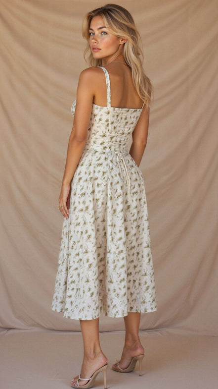 Midi damekjole med blomsterprint og justerbare stropper – Floravienne