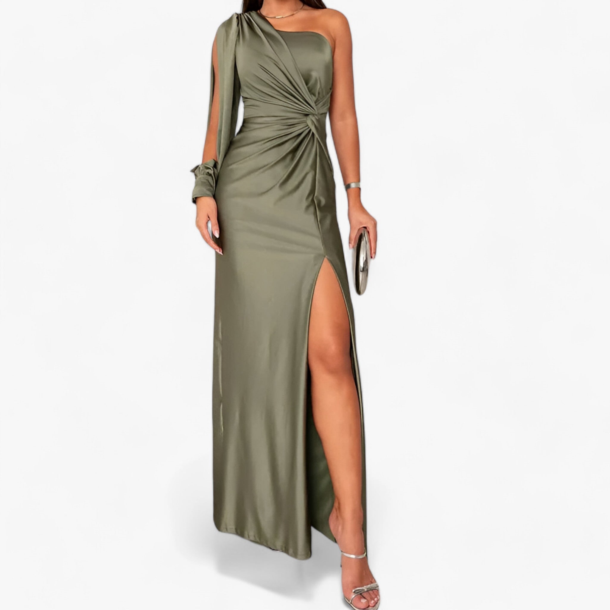 Eloria One-shoulder maxikjole i satin med høj talje og slids