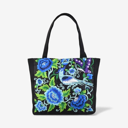 Florviana taske dame – tote taske med blomster- og fuglebroderi og håndtag