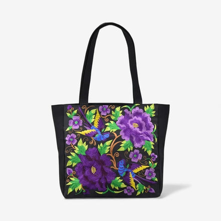 Florviana taske dame – tote taske med blomster- og fuglebroderi og håndtag