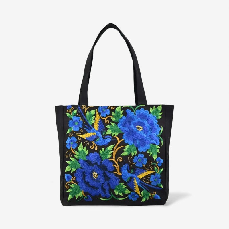 Florviana taske dame – tote taske med blomster- og fuglebroderi og håndtag