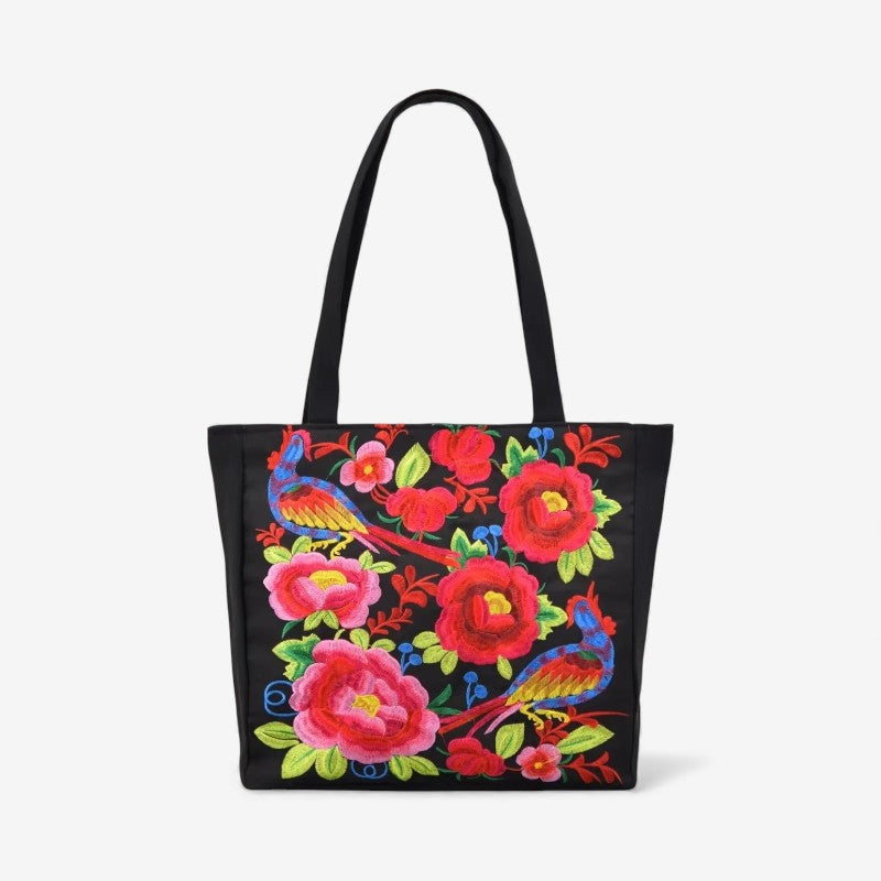 Florviana taske dame – tote taske med blomster- og fuglebroderi og håndtag