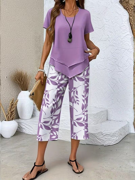 Dames 2-delt sæt med bladprint og løse bukser – Veralisse
